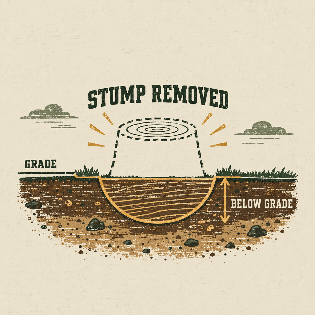 Illustration: the stump is removed and the area is ground down below the surrounding grade